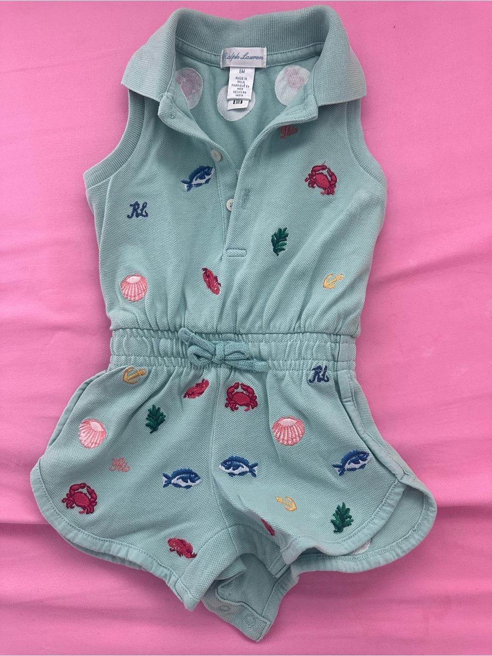 Ralph Lauren Seafoam Green Embroidered Polo Romper